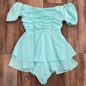 Altar’d State Turquoise Off Shoulder Ruffled Romper Dress